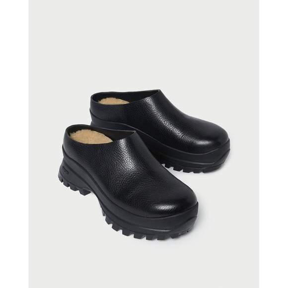 LOEFFLER RANDALL Gemma Leather Lug Sole Mule Womens 7 Black Chunky Sherpa Lined - Picture 2 of 10